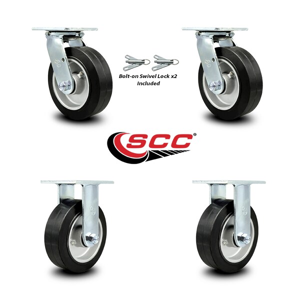 6 Inch Rubber on Aluminum Caster Set with Roller Bearings 2 Swivel Lock 2 Rigid